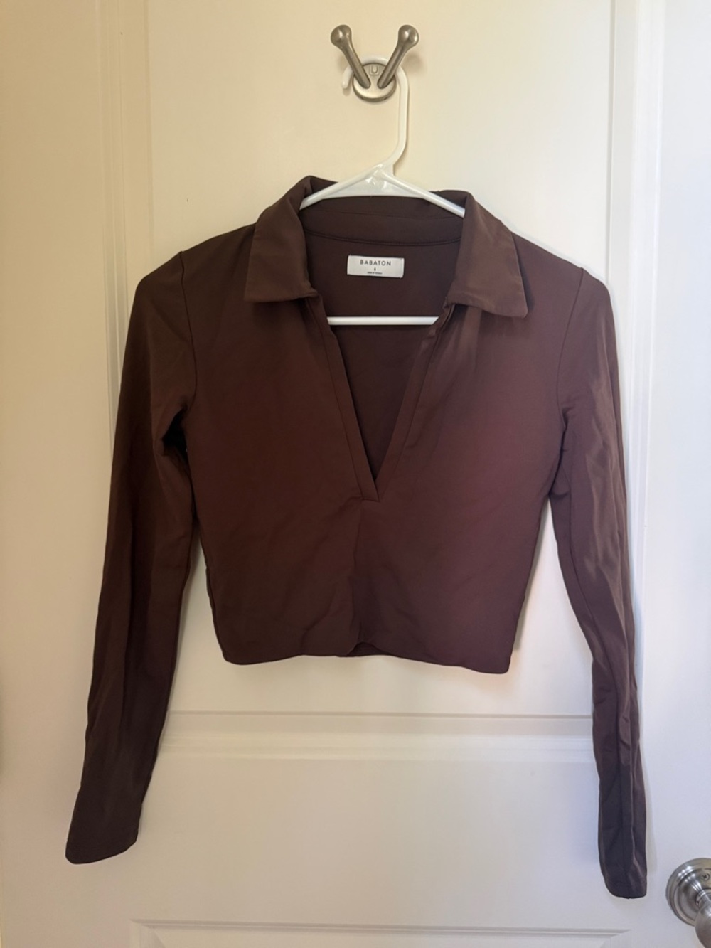 Babaton Chocolate Brown Collared V-Neck Long Sleeve Top